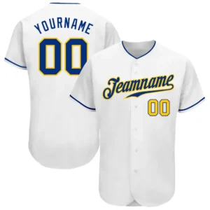 Custom White Baseball Jersey with Royal-Gold