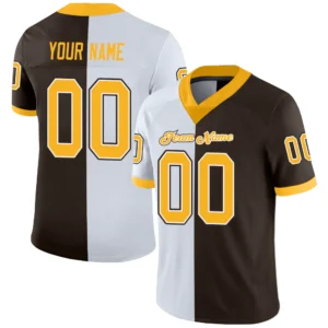 Custom White Brown Mesh Split Fashion Football Jersey with Gold