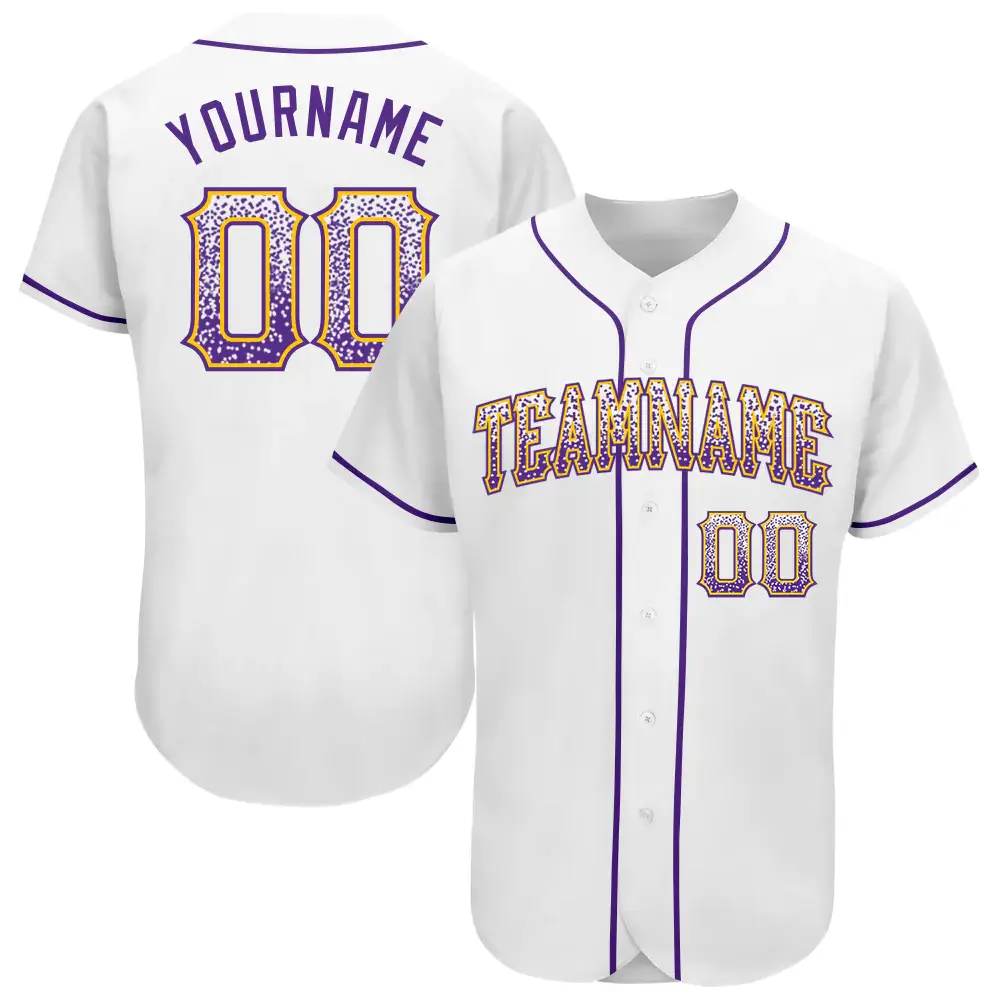 Custom White Drift Fashion Baseball Jersey with Purple-Gold