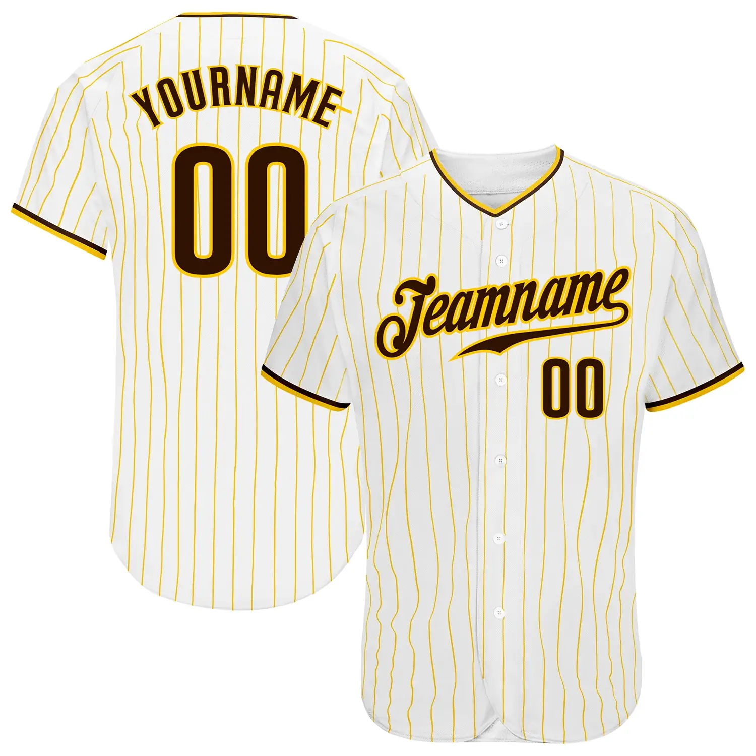 Custom White Pinstripe Baseball Jersey with Brown-Gold