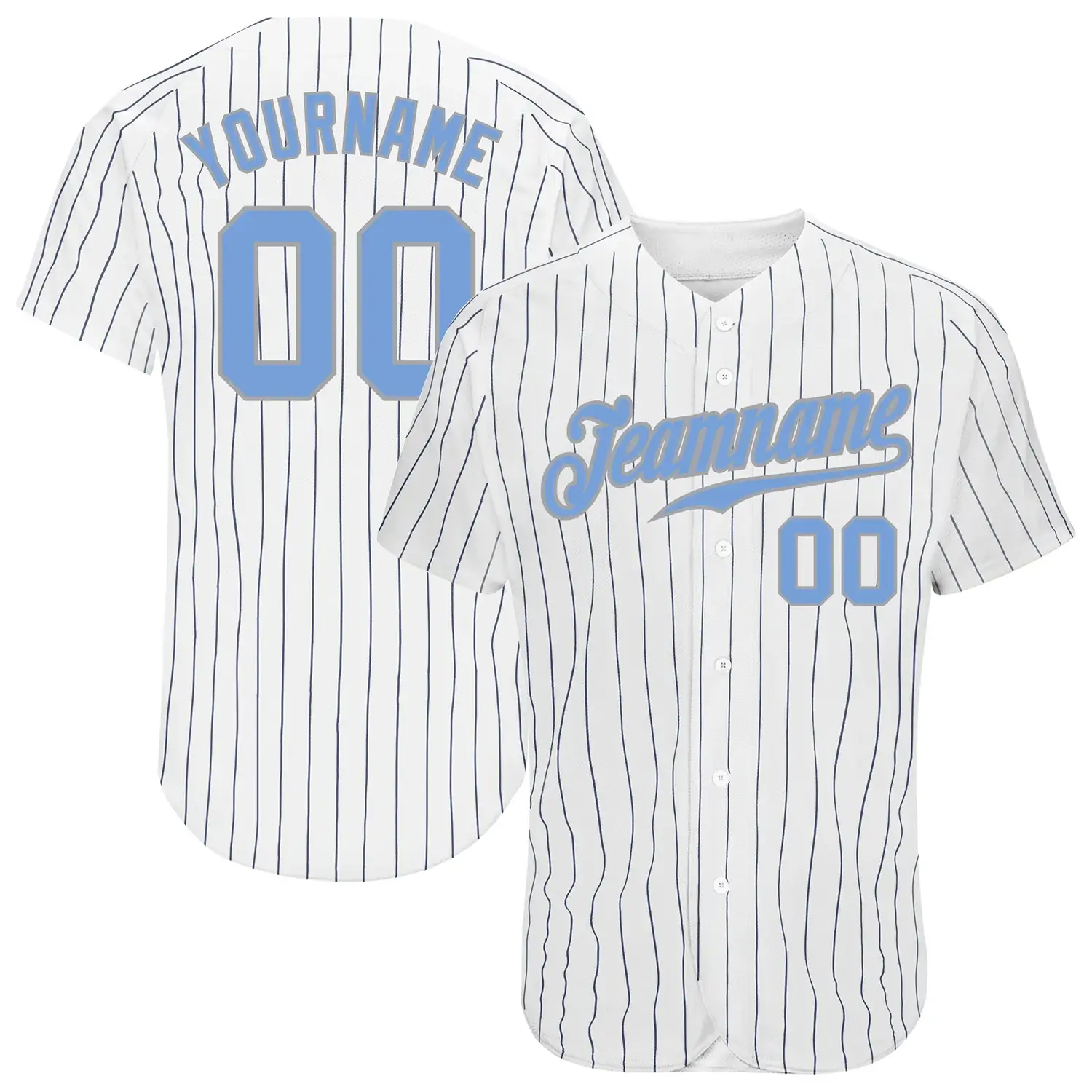 Custom White Pinstripe Baseball Jersey with Light Blue-Gray