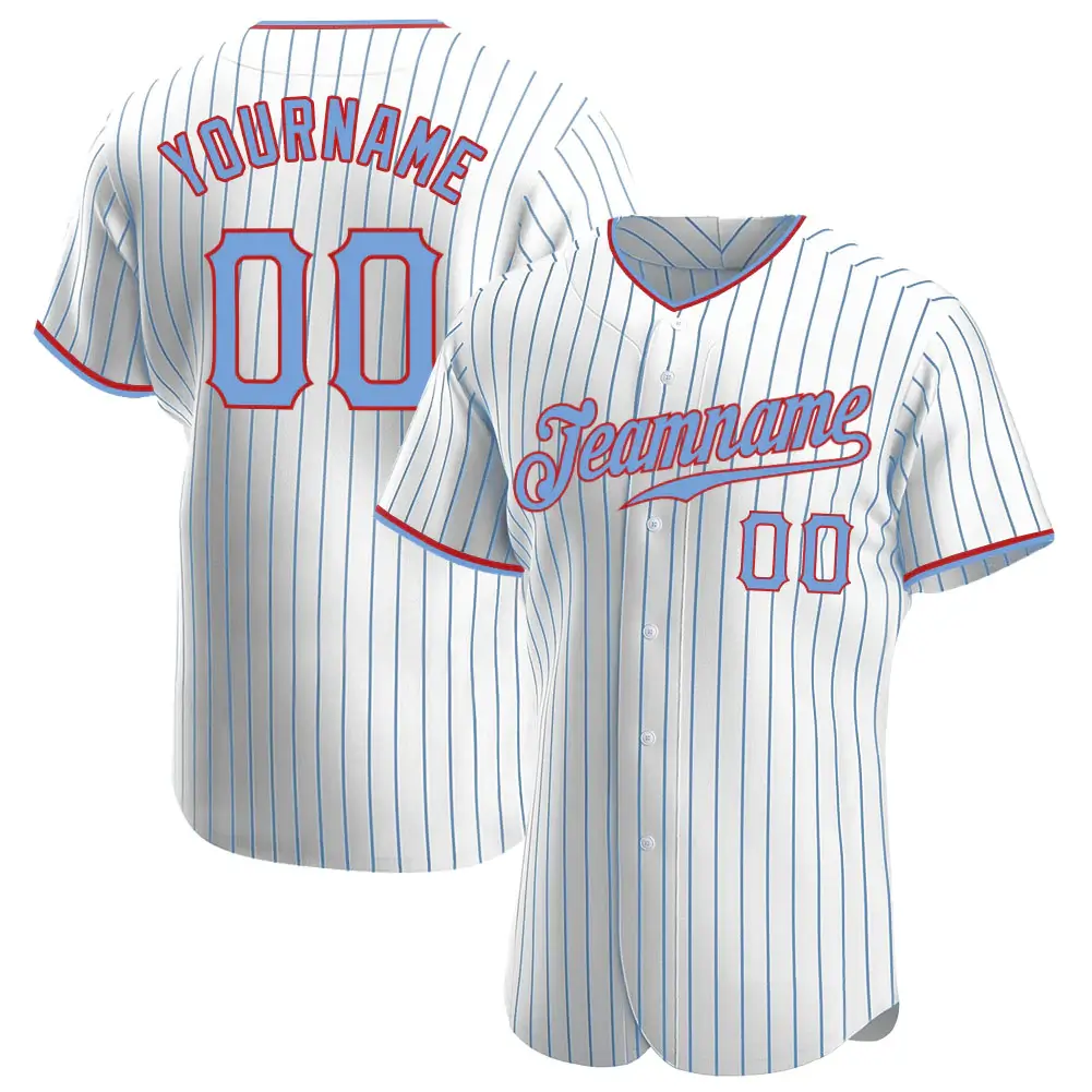 Custom White Pinstripe Baseball Jersey with Light Blue-Red