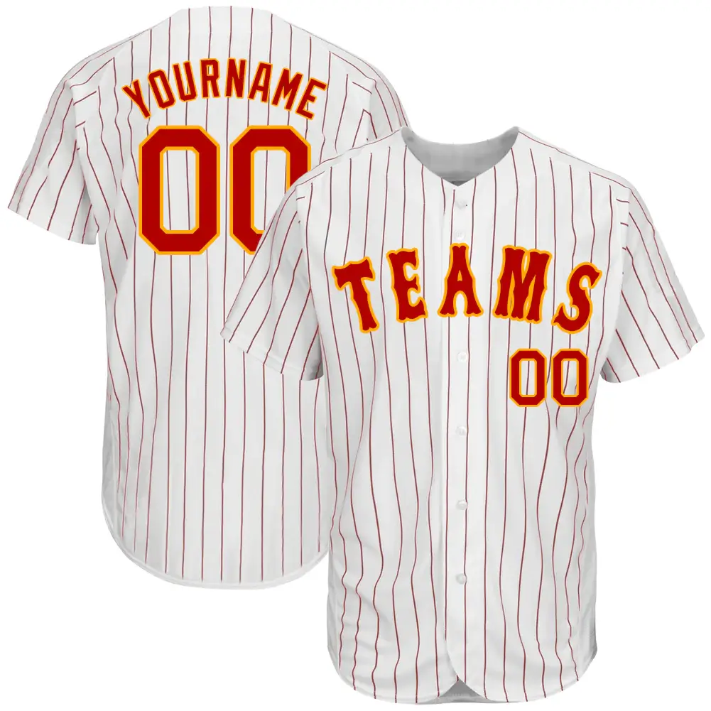 Custom White Pinstripe Baseball Jersey with Red-Gold