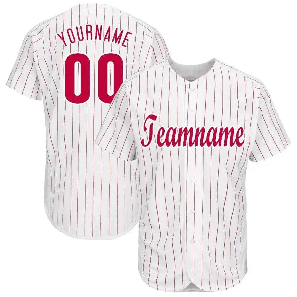 Custom White Pinstripe Baseball Jersey with Red-White