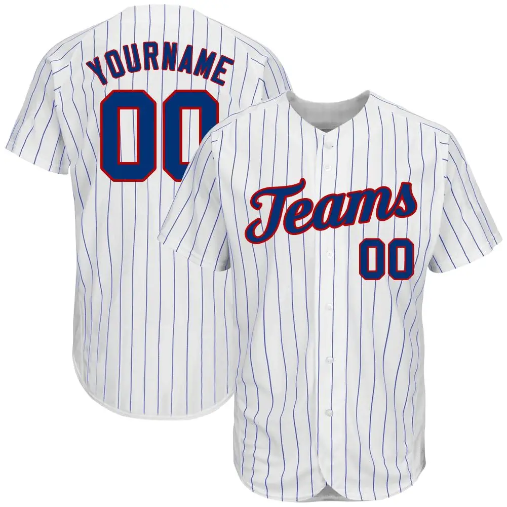 Custom White Pinstripe Baseball Jersey with Royal-Red