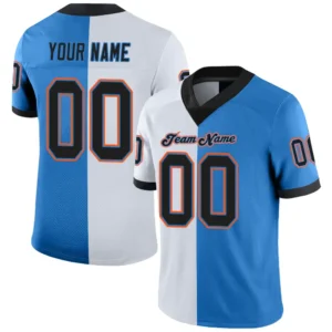 Custom White Powder Blue Mesh Split Fashion Football Jersey with Black